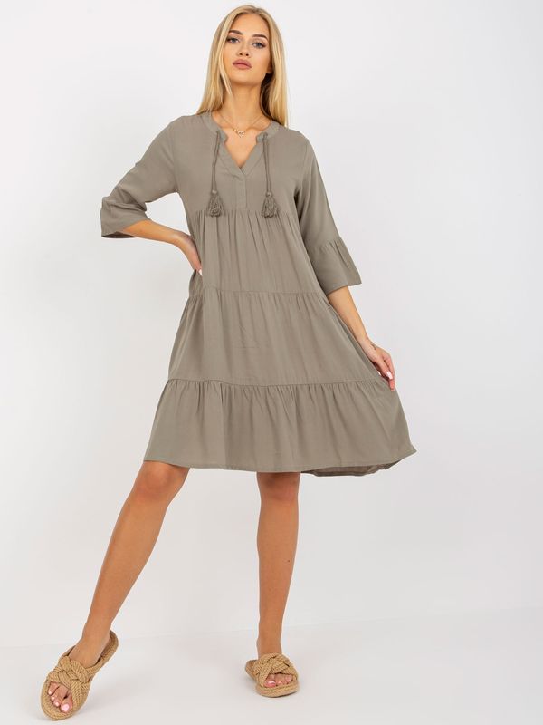 Fashionhunters Khaki viscose dress with frills and V-neck