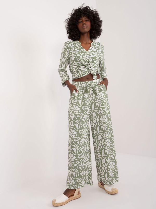 Fashionhunters Khaki - white wide trousers in summer patterns SUBLEVEL