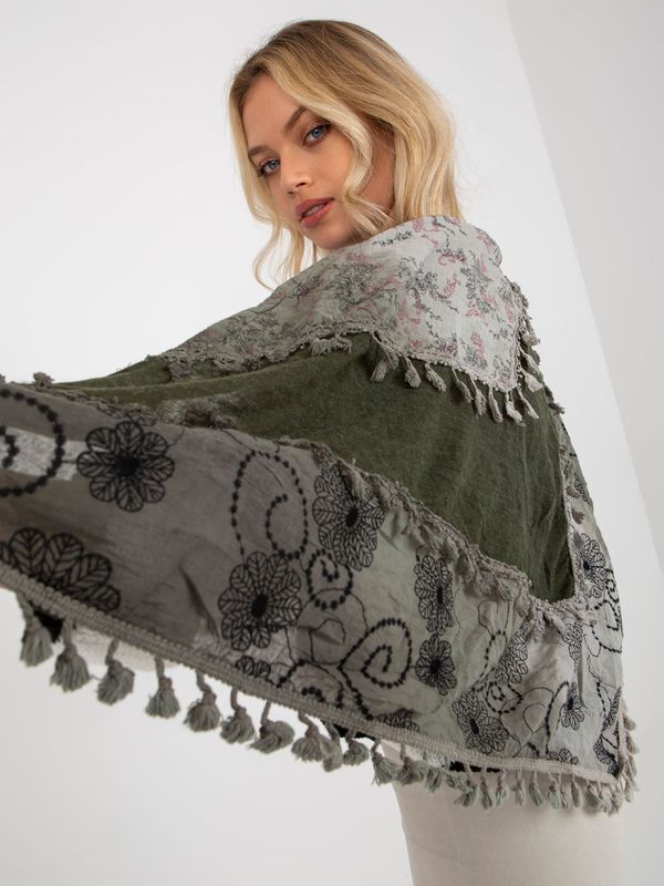 Fashionhunters Khaki women's scarf with floral patterns