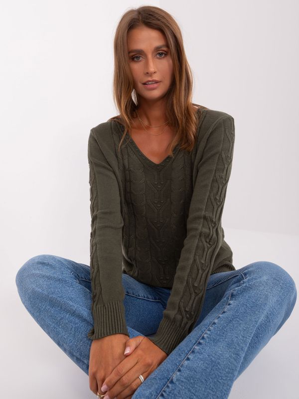 Fashionhunters Khaki women's sweater with cables