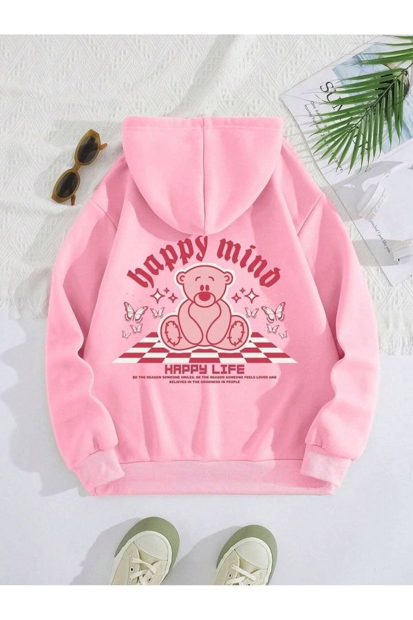 Know Know Unisex Pink Happy Mind Happy Life Printed Hoodie Sweatshirt.