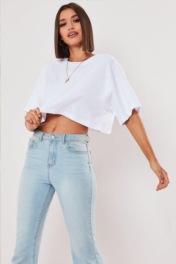 Know Know White 100% Cotton Crew Neck Oversized Crop T-shirt.