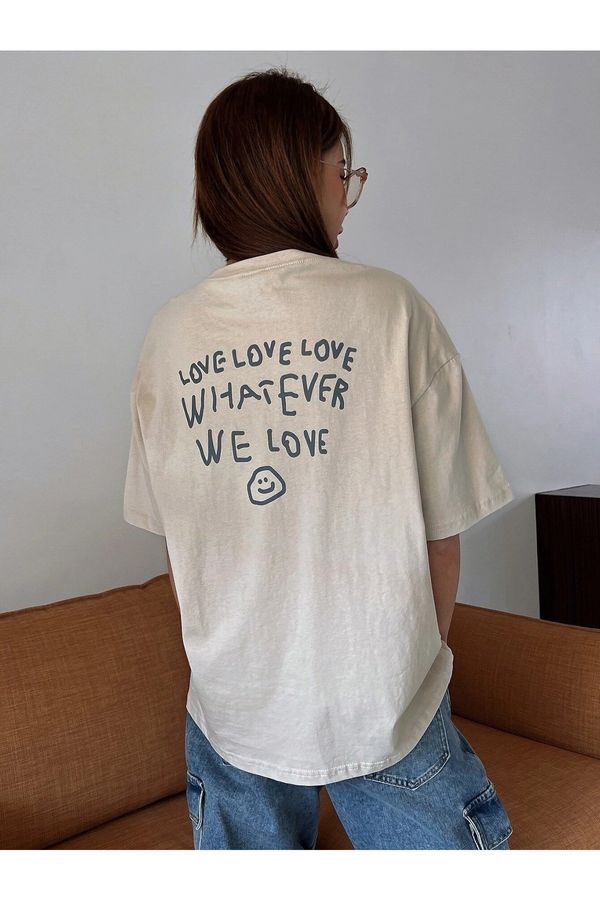 Know Know Women's Beige Love Love Love Printed Oversize T-shirt
