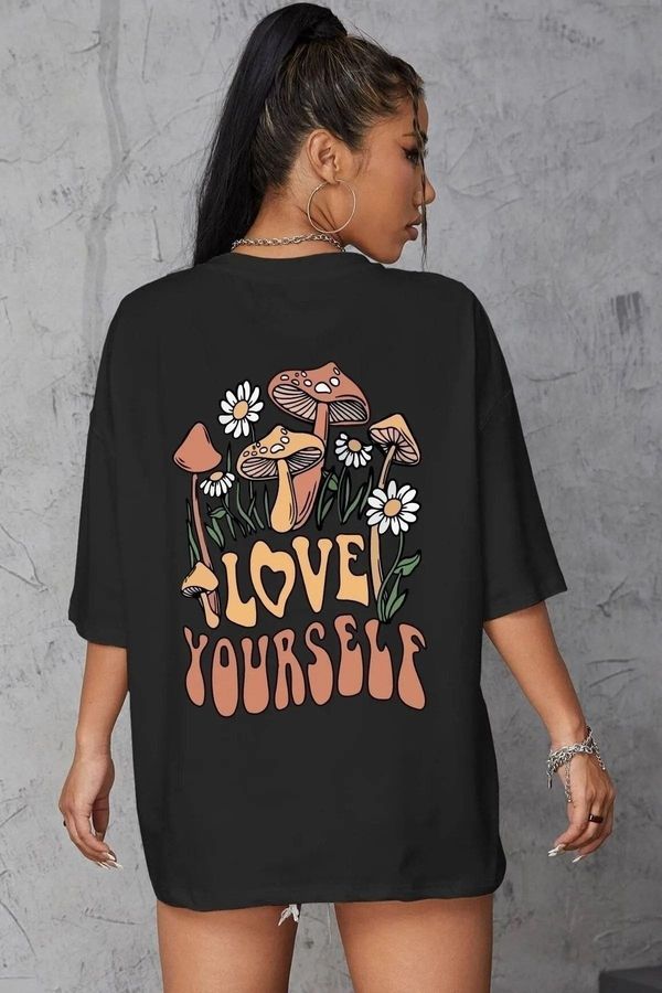 Know Know Women's Black Love Yourself Oversized T-shirt with Print