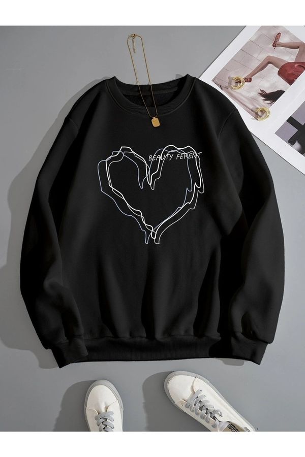 Know Know Women's Black Striped Heart Print Oversized Sweatshirt