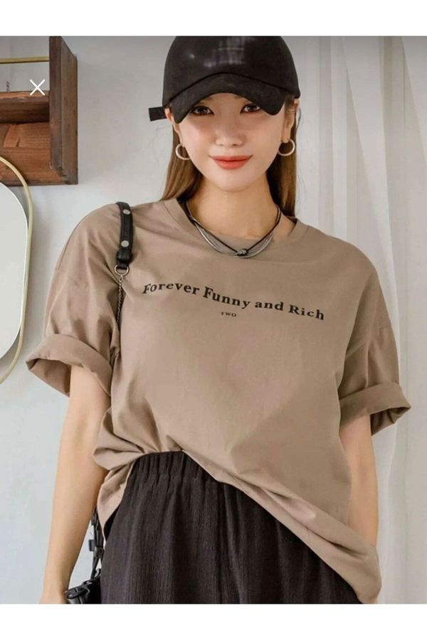 Know Know Women's Brown Funny Printed Oversize T-shirt