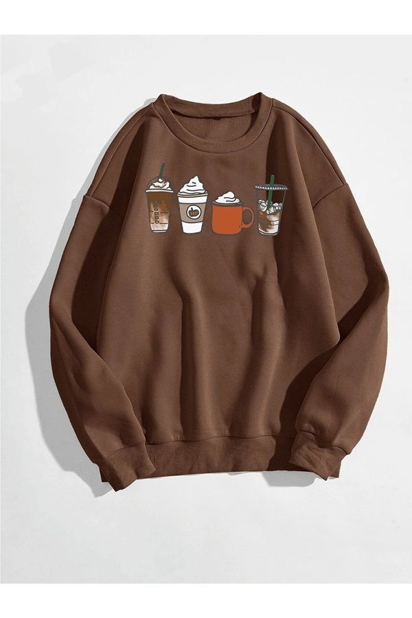 Know Know Women's Brown Oversized Coffee Printed Sweatshirt