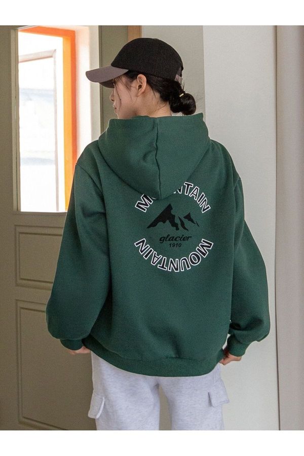 Know Know Women's Dark Green Mountain Glacier Printed Hoodie Sweatshirt.
