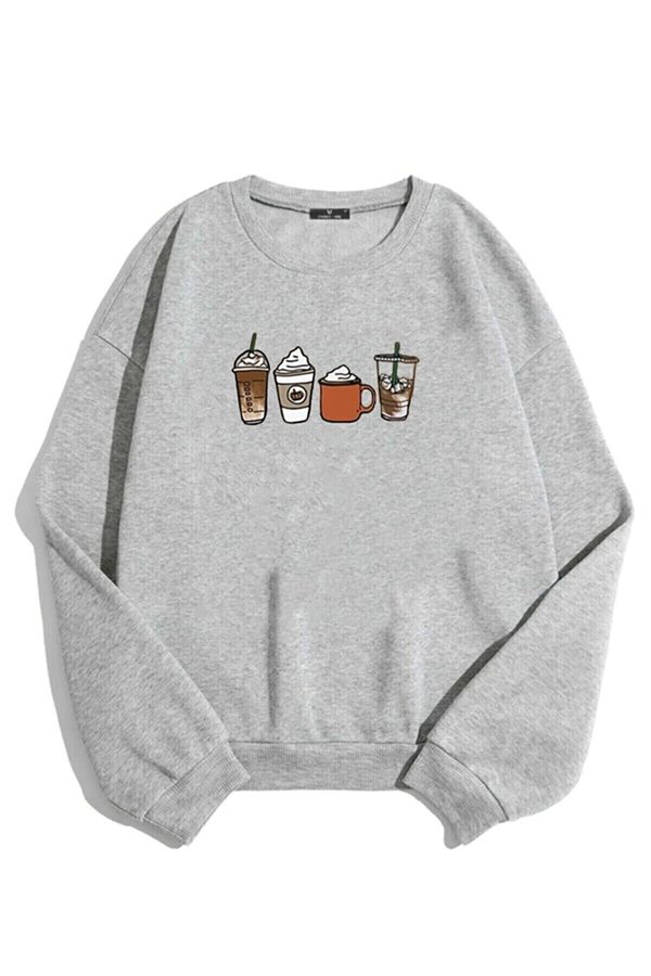 Know Know Women's Gray Oversize Coffee Printed Sweatshirt
