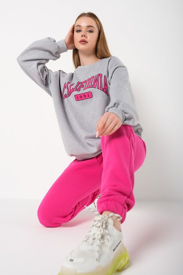 Know Know Women's Gray Pink California 1991 Printed Oversized Bottoms and Tracksuits Set