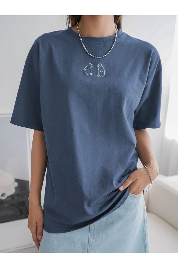 Know Know Women's Indigo Blue Penguin Print Oversized T-shirt
