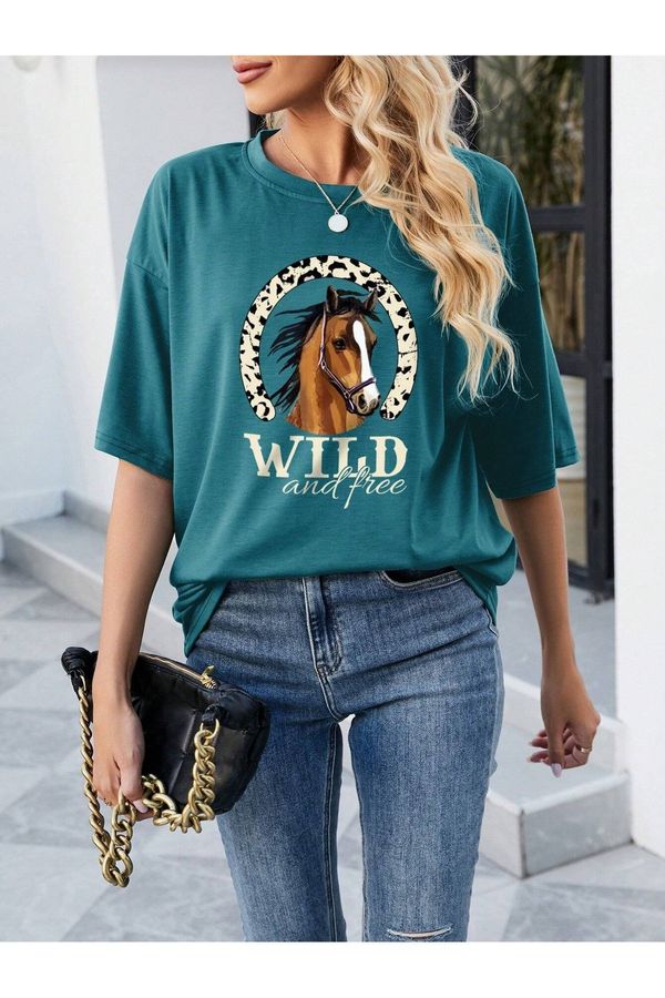 Know Know Women's Petrol Blue Horse Printed Oversize T-shirt