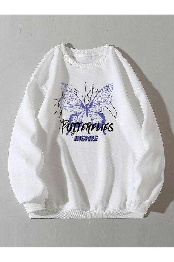 Know Know Women's White Butterflies Inspire Printed Oversized Sweatshirt.