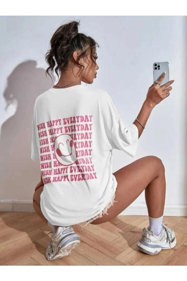 Know Know Women's White Wish Happy Everyday Printed Oversized T-shirt.