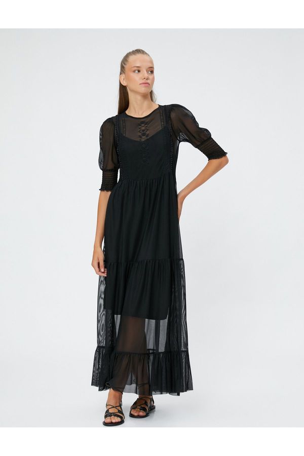 Koton Koton A-Line Dress Long Transparent Detailed Embroidered Balloon Sleeves