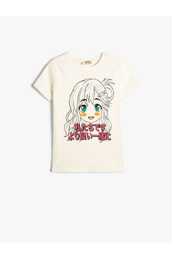 Koton Koton Anime Printed Crop T-Shirt Short Sleeve Cotton