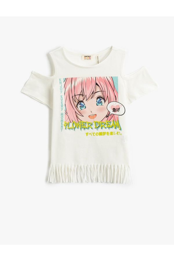 Koton Koton Anime Printed T-Shirt with Tassels Short Sleeves Window Detail Cotton