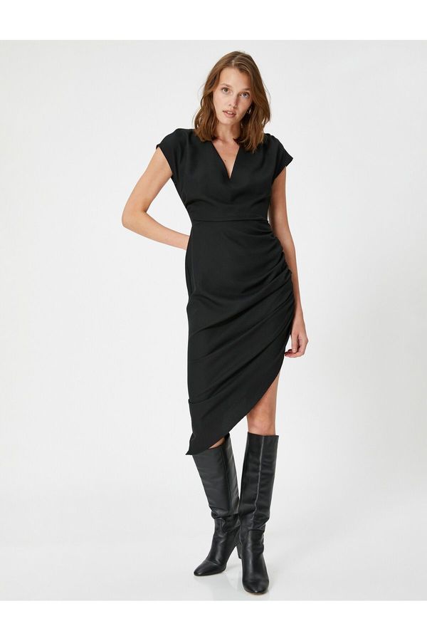 Koton Koton Asymmetric Dress V Neck Draped Short Sleeve