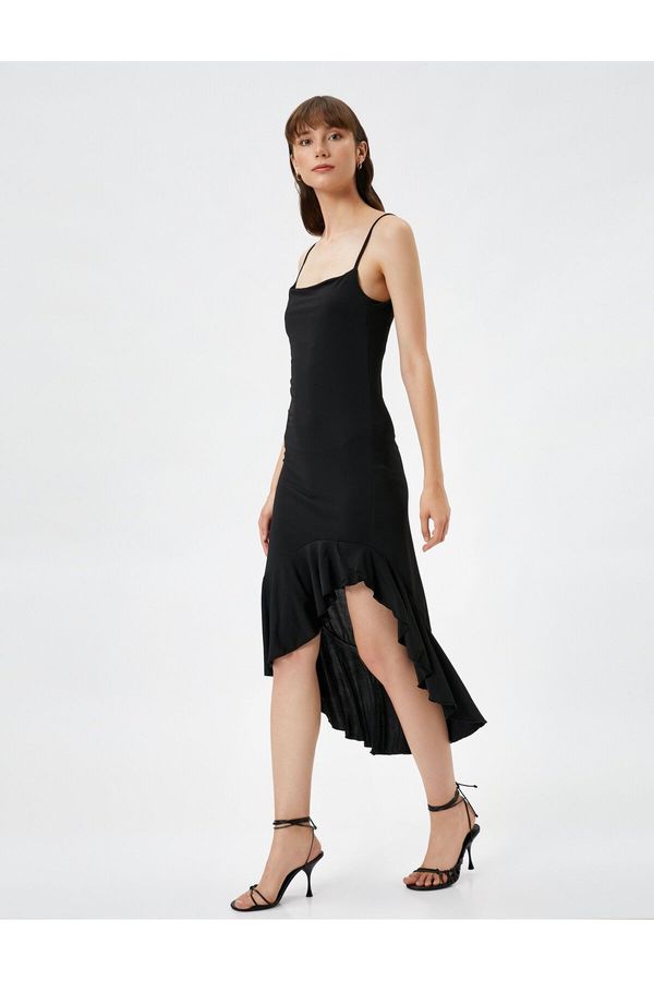 Koton Koton Asymmetrical Frill Dress Midi with Thin Straps, Slim Fit