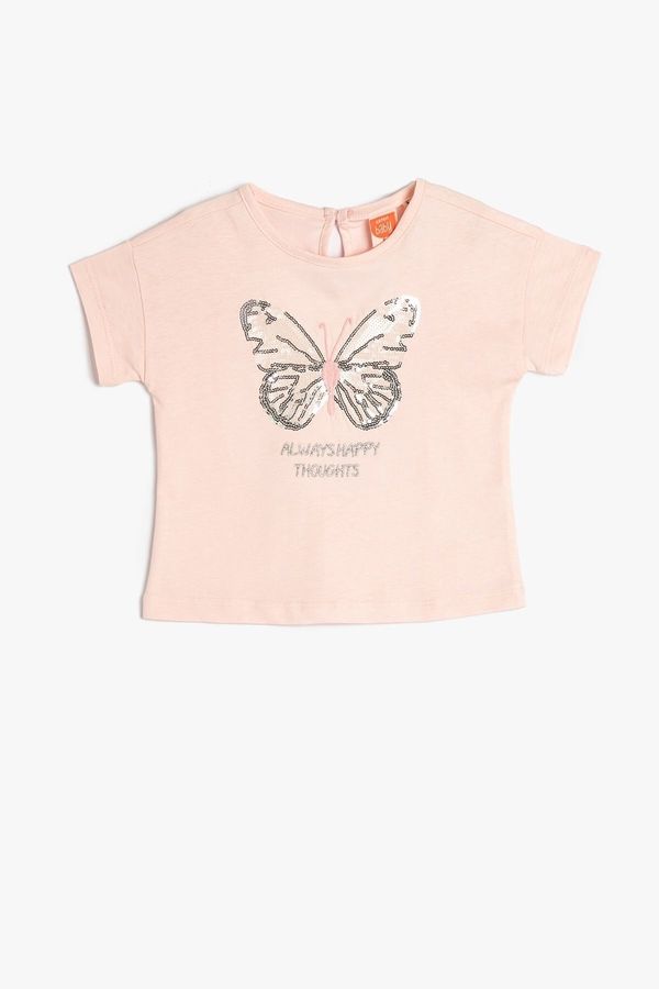 Koton Koton Baby Girl Butterfly Sequin Embroidered Short Sleeve Crew Neck T-Shirt 3smg10043ak