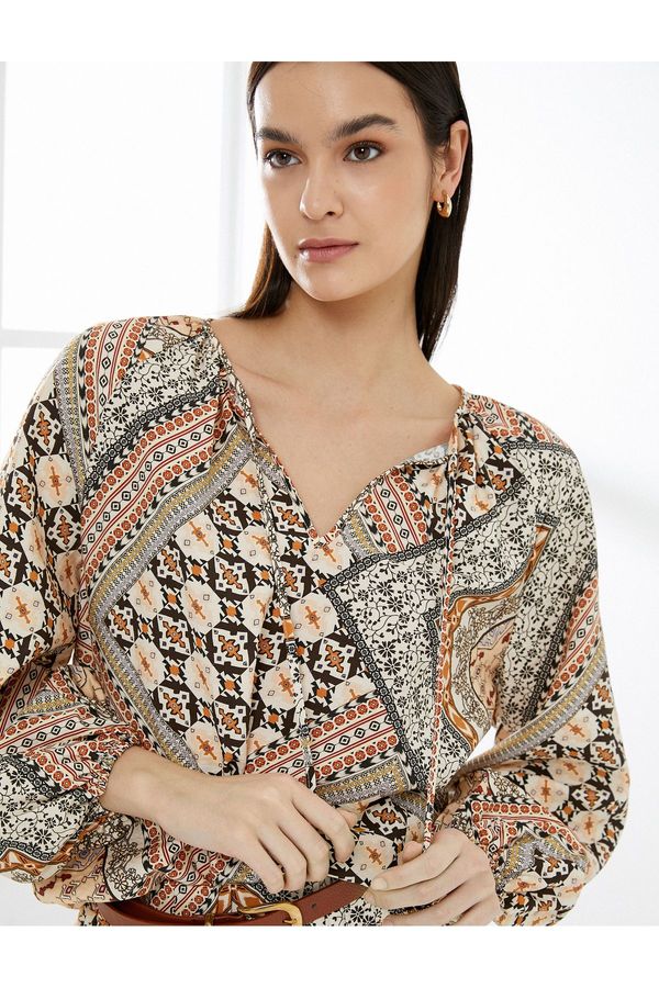 Koton Koton Balloon Sleeve Blouse Ethnic Patterned Window Detailed Viscose Blend