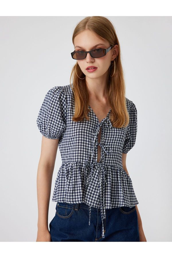 Koton Koton Balloon Sleeve Blouse Flounce Laced Slim Fit Gingham Pattern