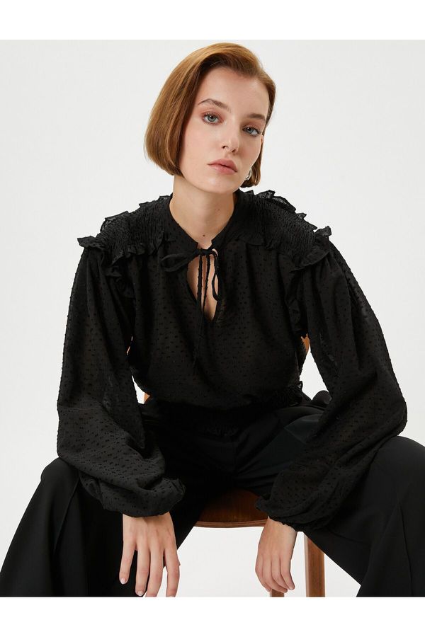 Koton Koton Balloon Sleeve Shirt Gimped Window Detail Tied Textured