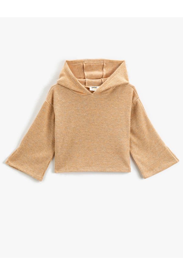 Koton Koton Basic Crop Hooded Sweatshirt Soft Textured Ribbed Wide Sleeve