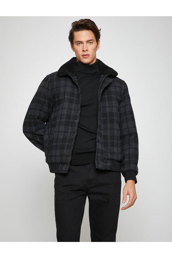 Koton Koton Basic Plaid Pilot Jacket Collar Detailed Snap Snaps Zippered Pocket