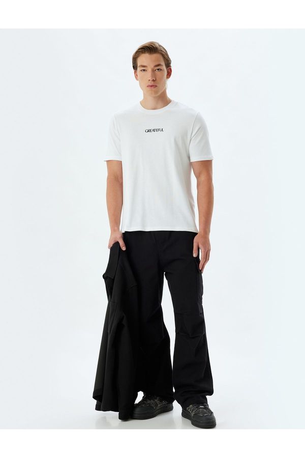 Koton Koton Basic T-Shirt Embroidered Slogan Crew Neck Short Sleeve Cotton