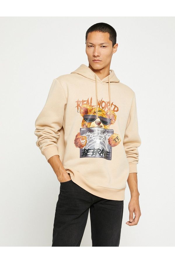 Koton Koton Bear Printed Hooded Sweatshirt Raised