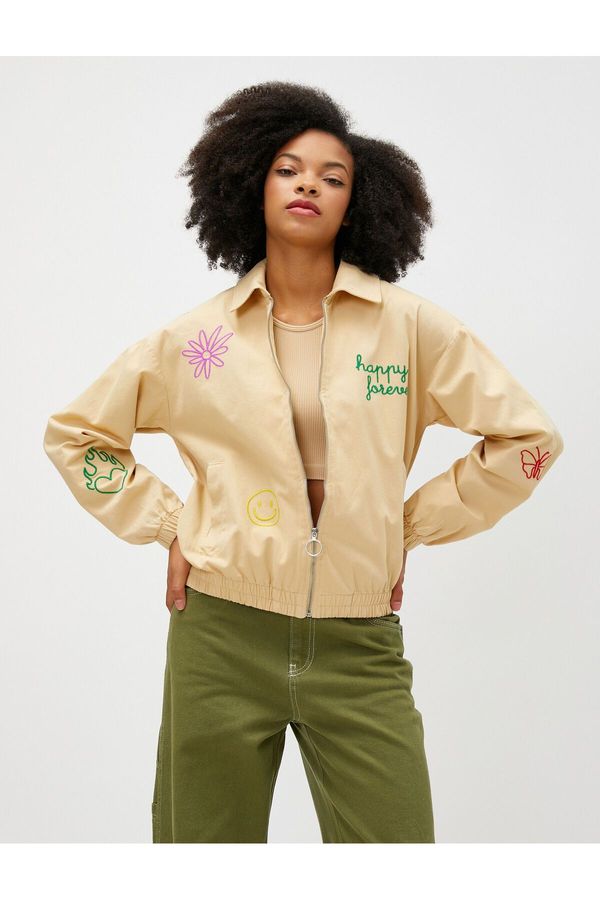 Koton Koton Bomber Jacket Zippered Slogan Embroidered Pocket Detail Cotton