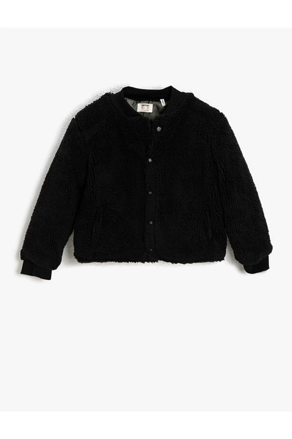 Koton Koton Boys Black Plush Bomber Collar Buttoned Sweatshirt