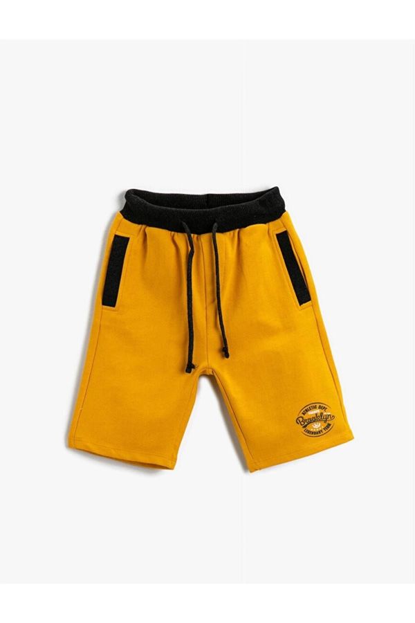 Koton Koton Boys' Clothing Motto Printed Cotton Shorts with Tie Waist Mustard