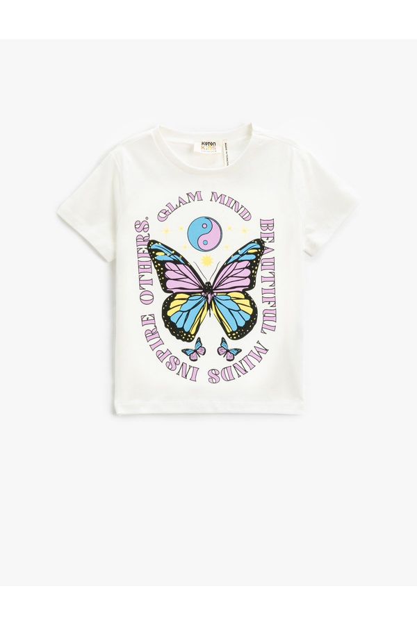 Koton Koton Butterfly Printed Cotton T-Shirt Short Sleeved Crew Neck