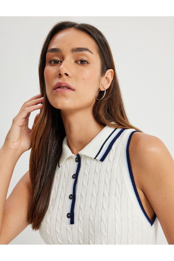 Koton Koton Button Detail Color Contrast Striped Sleeveless Polo Neck Knit Top