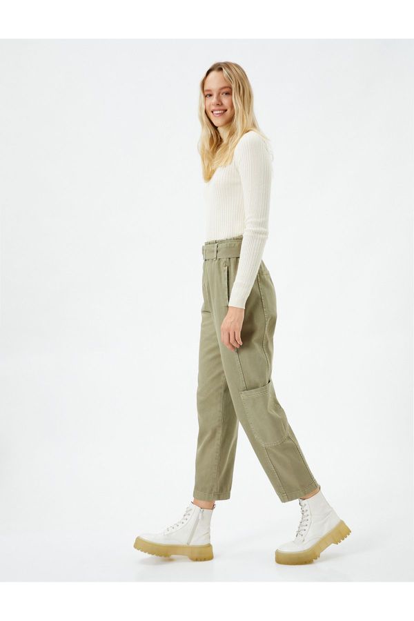 Koton Koton Cargo Trousers Belted Gabardine Fabric Pocket Cotton