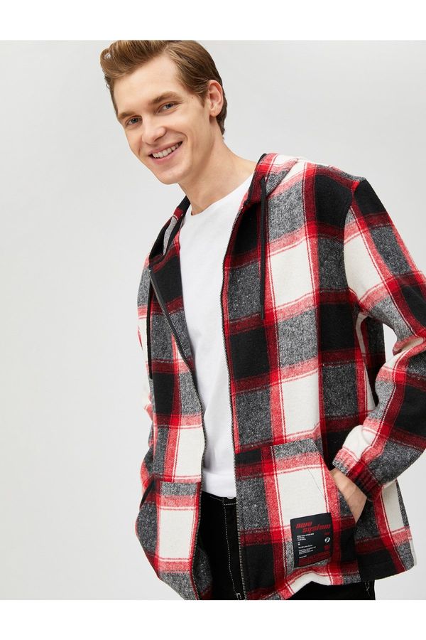 Koton Koton Checkered Hoodie Sweatshirt with Pockets with Labels Printed