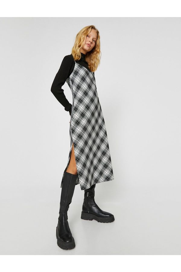Koton Koton Checkered Midi Dress with Slits and Straps