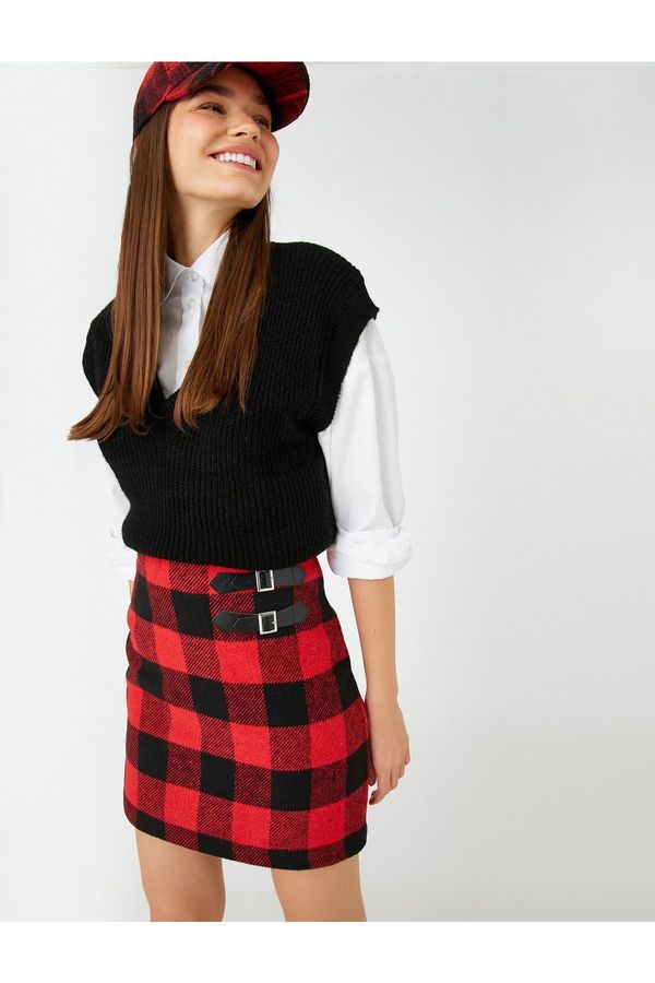 Koton Koton Checkered Mini Skirt With Double Buckle Detail Zipper.