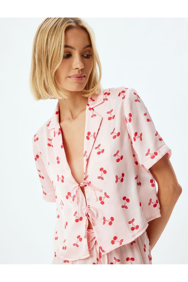 Koton Koton Cherry Printed Short Sleeve Crop Pajama Top with Bow Tie
