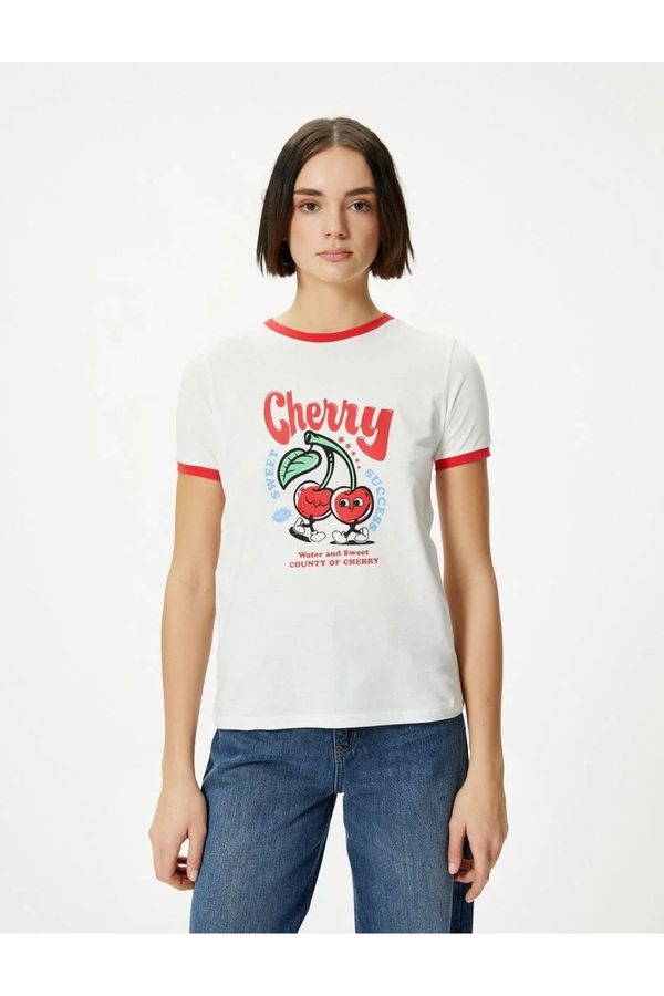 Koton Koton Cherry Printed T-Shirt Striped Short Sleeve Crew Neck Cotton