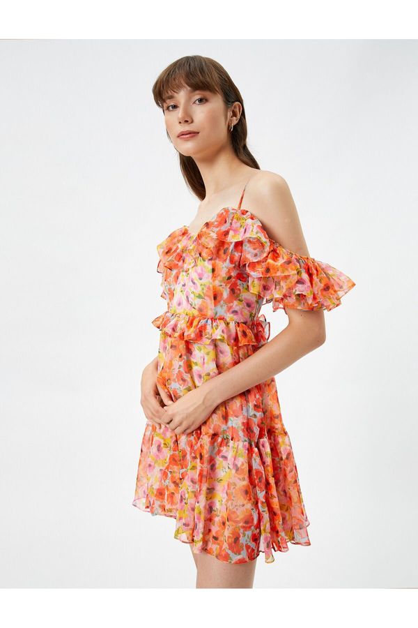 Koton Koton Chiffon Floral Dress Mini Off Shoulders Flounce Lined