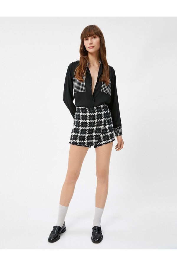 Koton Koton Chiffon Shirt Houndstooth Patterned Tweed Pocket Detailed Long Sleeve Buttoned