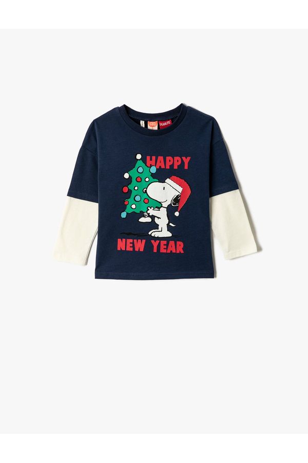 Koton Koton Christmas Themed Snoopy Printed Licensed T-Shirt Long Float Sleeve Crew Neck
