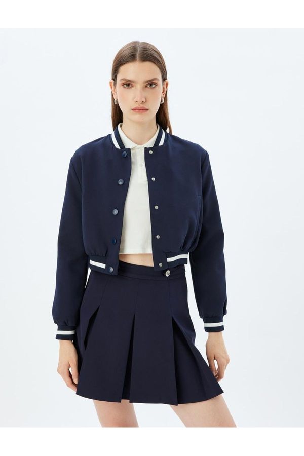 Koton Koton College Bomber Jacket Round Neck Pocket Striped Snap Button