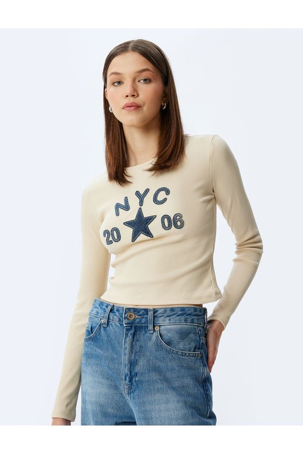 Koton Koton College Embroidered Crew Neck Long Sleeve Cotton T-Shirt