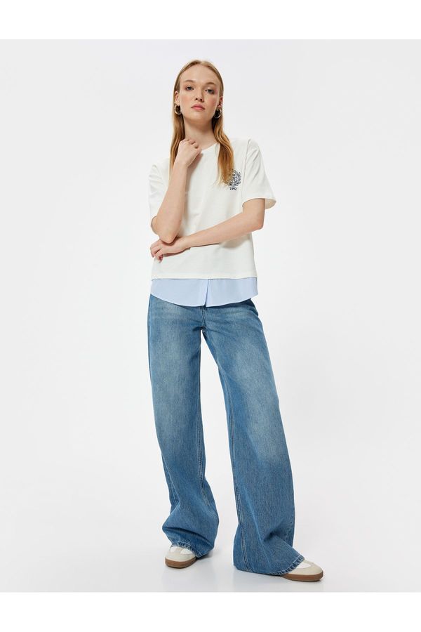 Koton Koton College Embroidered T-Shirt Crew Neck Fabric Detailed Short Sleeve