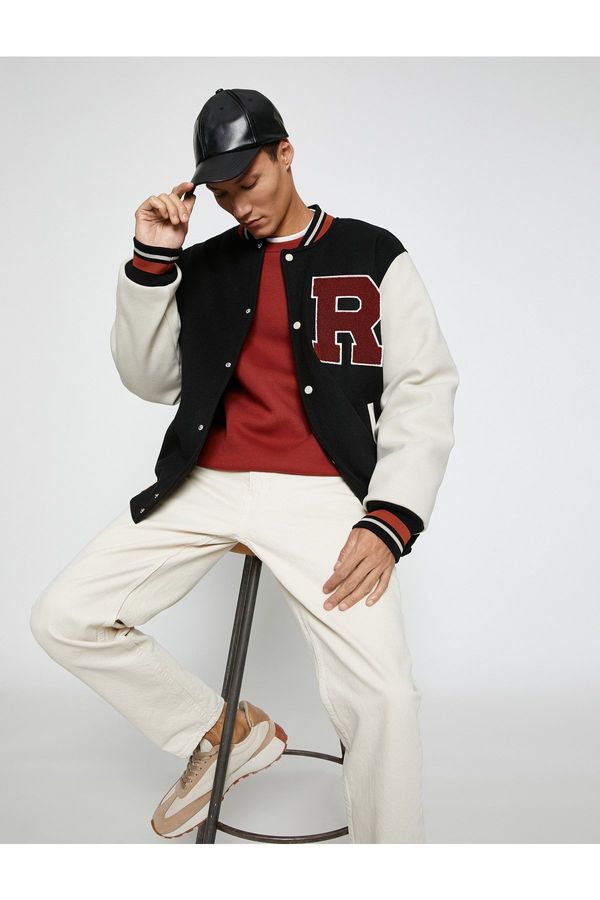 Koton Koton College Jackets Bomber Collar Embroidered Detailed Snap Buttons with Pocket.