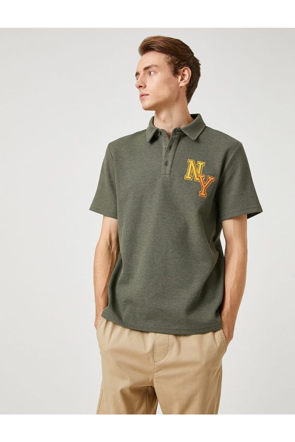 Koton Koton College T-Shirt Polo Neck Button Detailed Embroidered